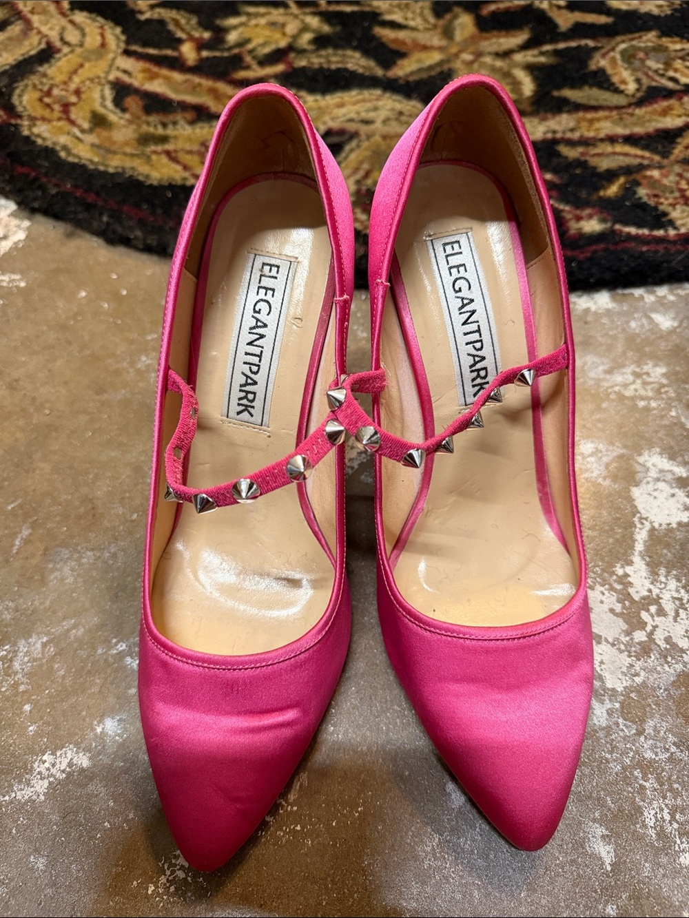 ElegantPark Women's Hot Pink Satin Pointed-Toe Stud Strap Heels